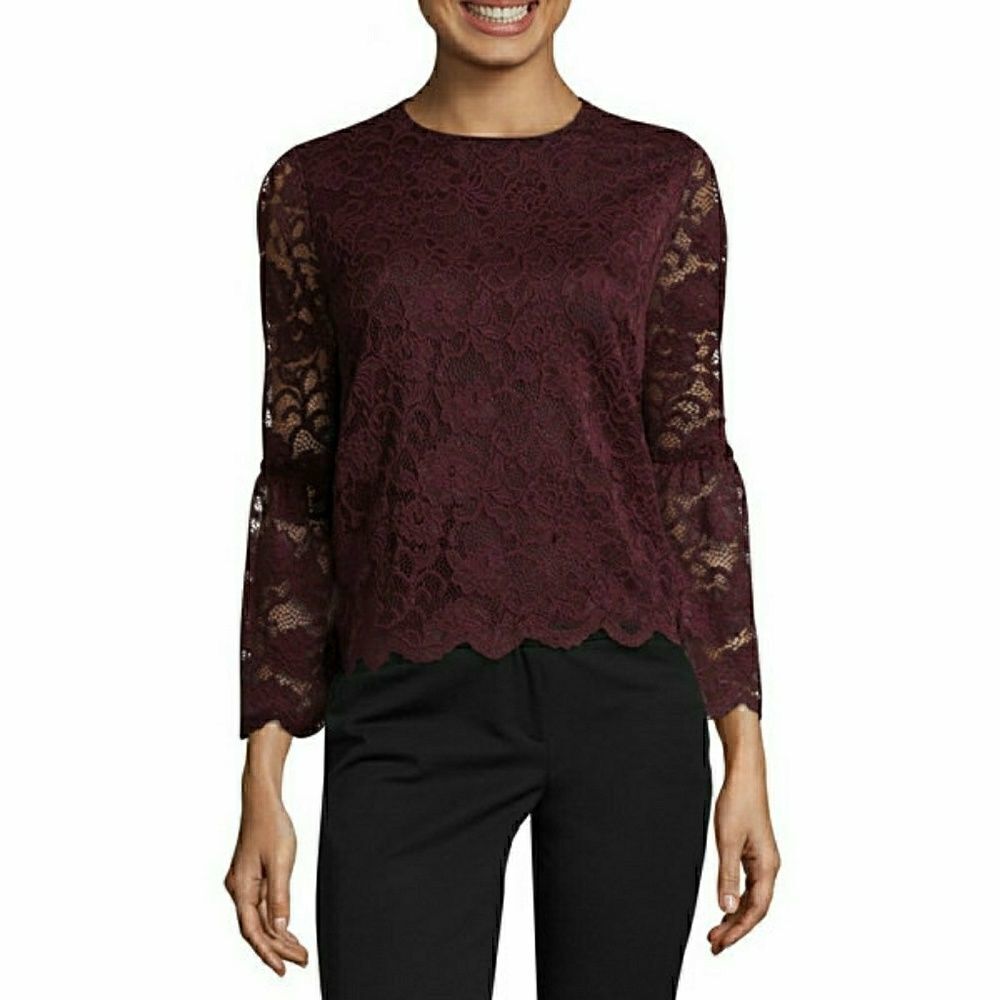 Lace Bell Sleeve Top Size Small Burgundy Womens Boho Holiday - Picture 4 of 5